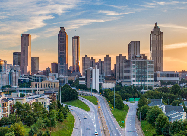 View of downtown Atlanta, Georgia skyline, buildings, and highway