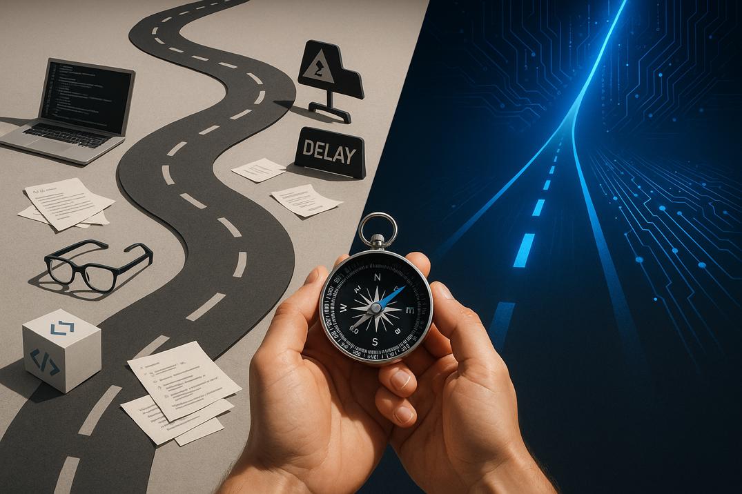 Infographic showing navigation of the decision for AI-assisted development speed vs traditional methods.