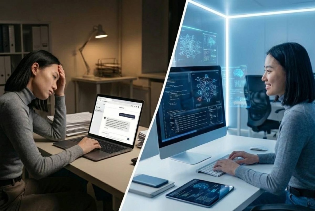 Conceptual workflow of custom AI integration and user paths for business productivity